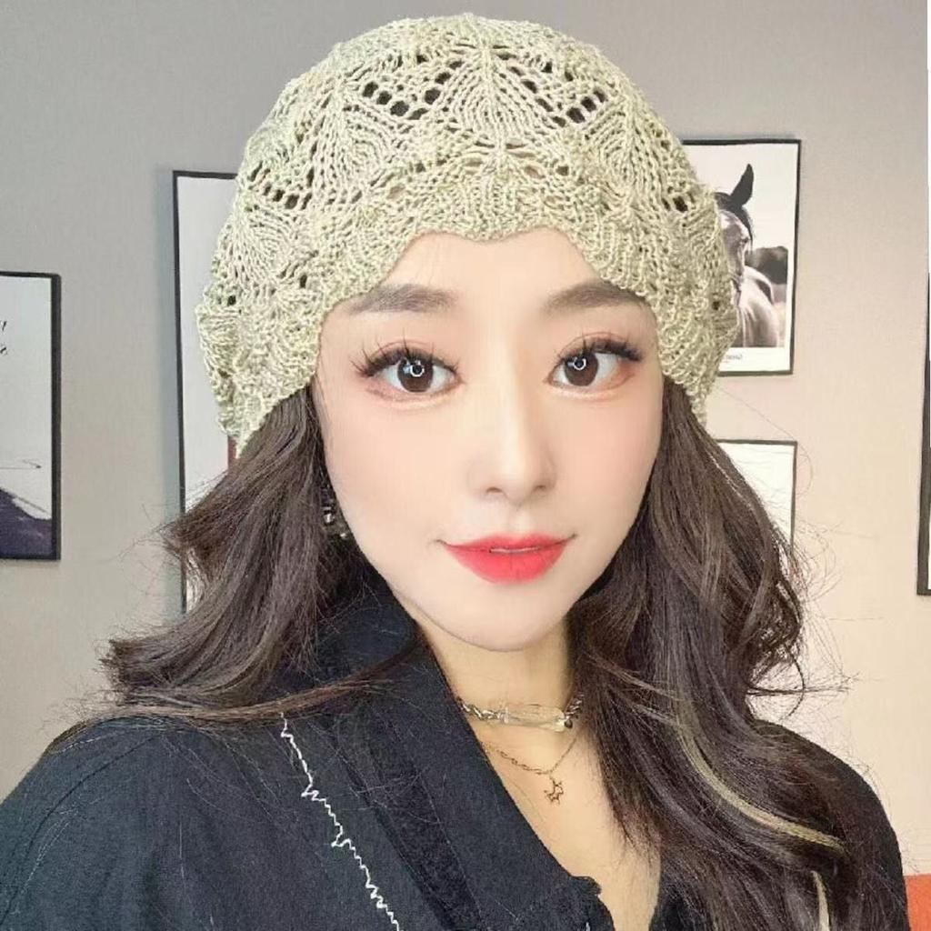Women's Fashion Hollow Spring and Summer Hat Breathable Lace Thin Headscarf Knitted Slouchy Head Hat Hair Covering Hat