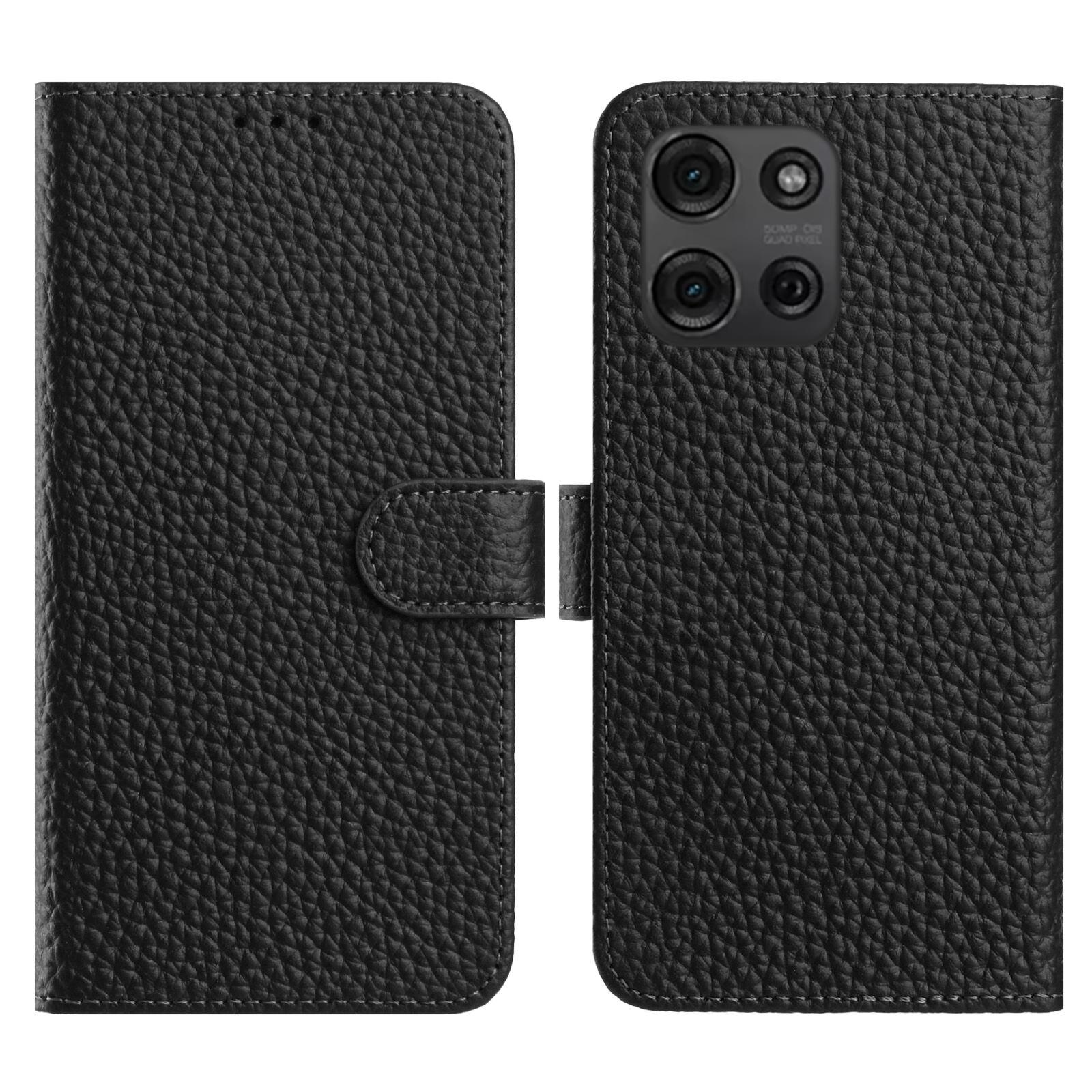 

For Motorola Moto G75 5G Case Wallet Stand Litchi Texture Genuine Cow Leather Flip Phone Cover Black