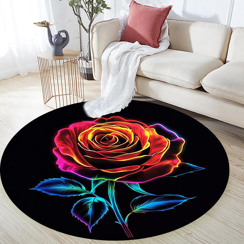 Rainbow Rose Round Area Rug,Carpet Rug for Living Room Bedroom Sofa Playroom Decor,Non-slip Floor Mat