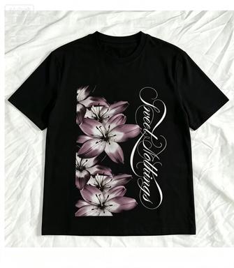 Unisex Y2k Black V Neck Slim T Shirt Purple Lily Floral Sweet Nothings Cursive Print Short Sleeve Casual Tops