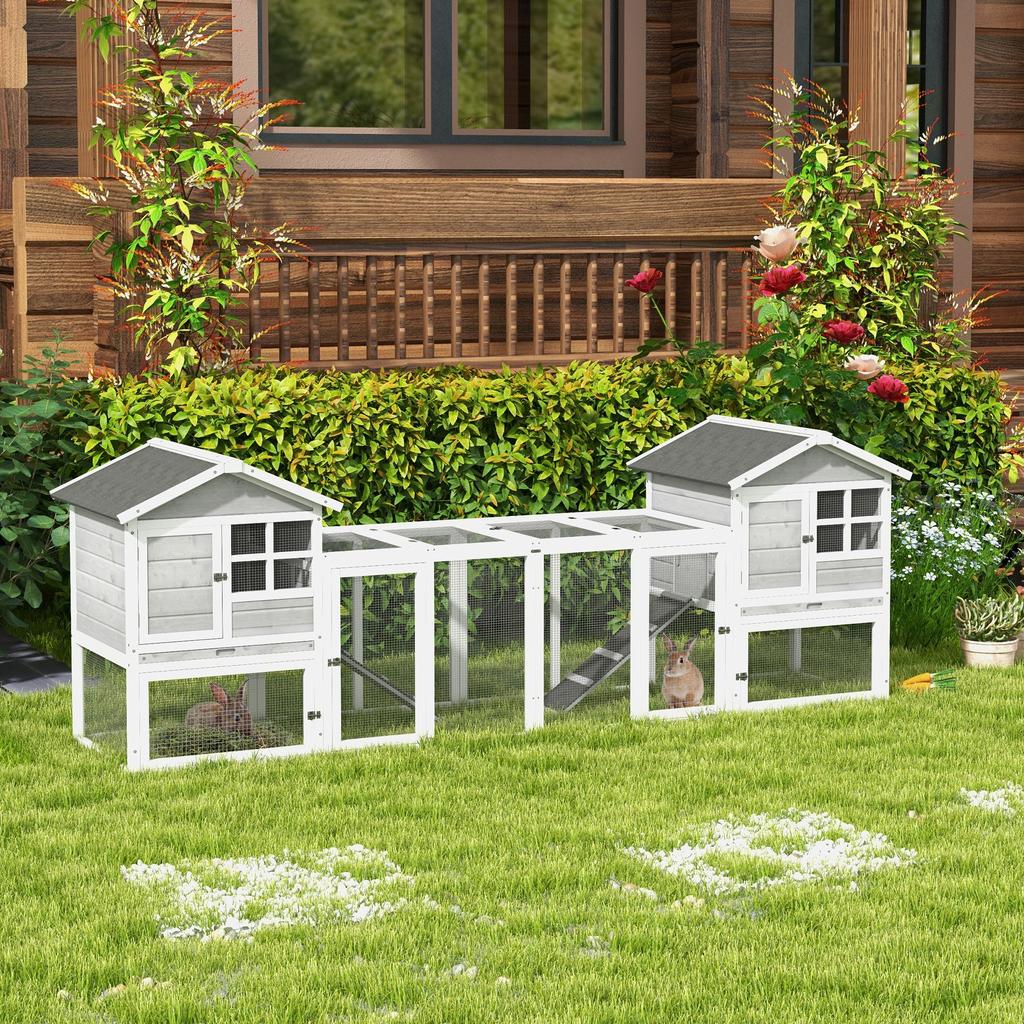 Garenne pour petit animal, clapier à lapins, enclos extérieur, abri, rampe, tiroirs de sol extensibles, blanc + gris