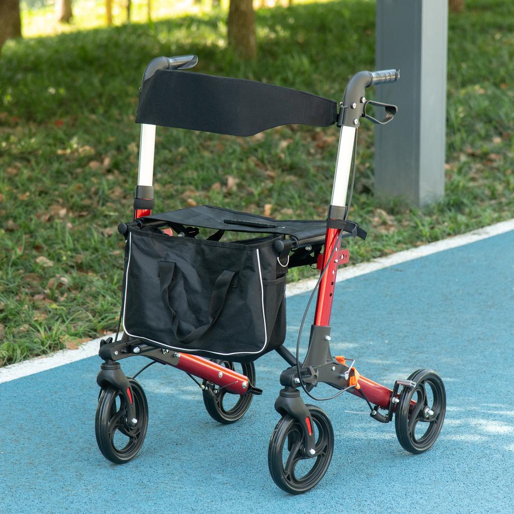 Folding Rollator Walker with Seat and Backrest, Lightweight Walking Frame with Detachable Storage Bag, Dual Brakes, Adjustable Handle Height