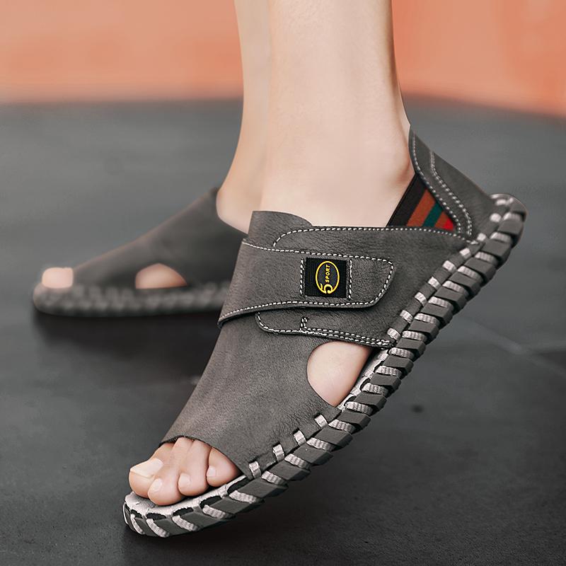 Fashion Hand Sewn Summer Men Sandals Genuine Leather Mens Casual Shoes Outdoor Leather Sandals for Men Beach Roman Mens Shoes