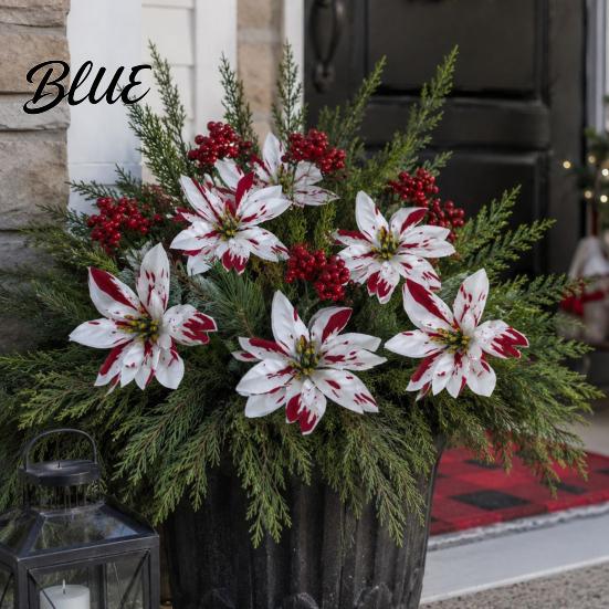 Red Petal Holiday Floral Decor Christmas Artificial Flowers, Faux Poinsettia Stems with Berries & Maintenance Free Seasonal Plants Pine Branches,