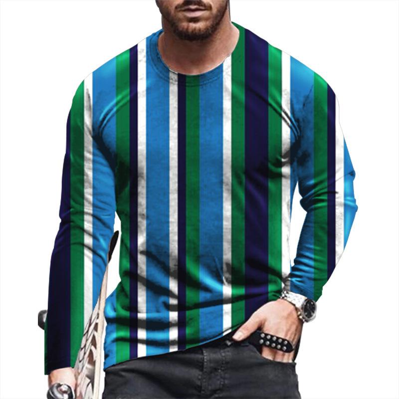 Spring and Autumn Round Neck 3D Stripe Printed Top Fashionable Casual Long Sleeved Men's T-shirts