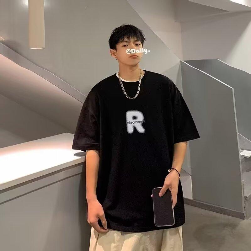 Men'S Trendy Letter Round Neck Printed Short Sleeved T-Shirt For Summer Ins Loose Casual Top