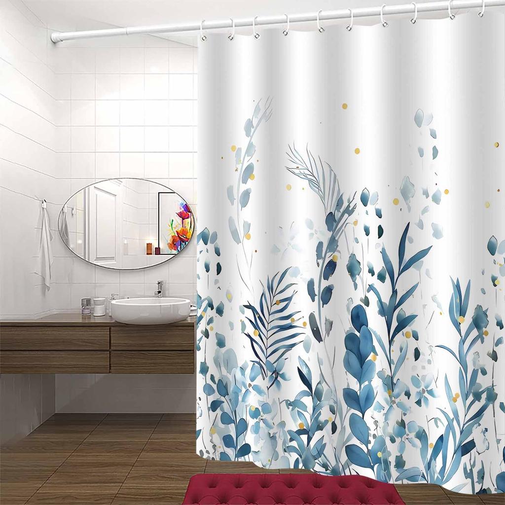 1pc Nordic Modern Fresh Blue Plant Flower Shower Curtain, High-End Elegant Bathroom Curtain, Bathroom Decoration Pattern