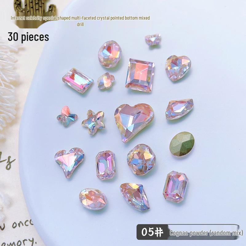 30-Piece Nail Art Crystal Rhinestones Set: Shiny Butterfly, Square, Asymmetrical Peach Heart Shapes