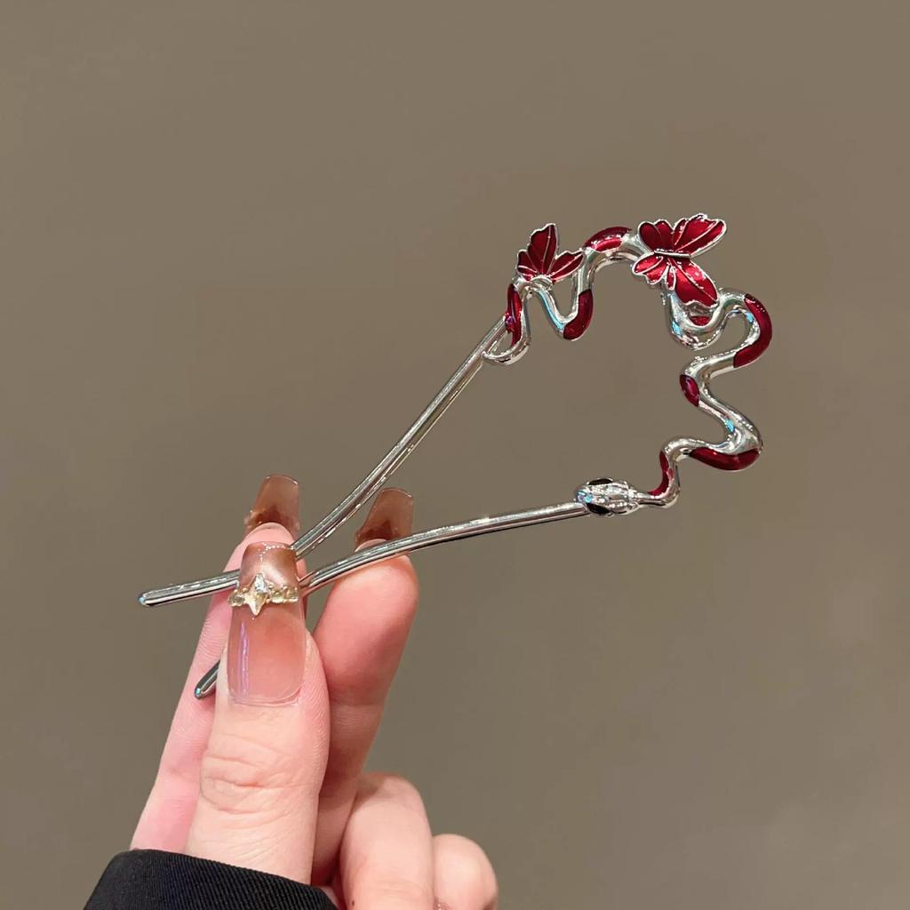 Snake Hairpin Vintage Advanced Sense Chinese Style Hair Stick Metal Flower Hair Pin Plate Hair Retro Hair Clip Hair Accessory