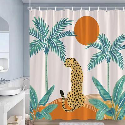 Mid Century Shower Curtains Tropical Plant Leopard Sun Palm Trees Modern Art Polyester Fabric Bathroom Curtain Decor with Hooks