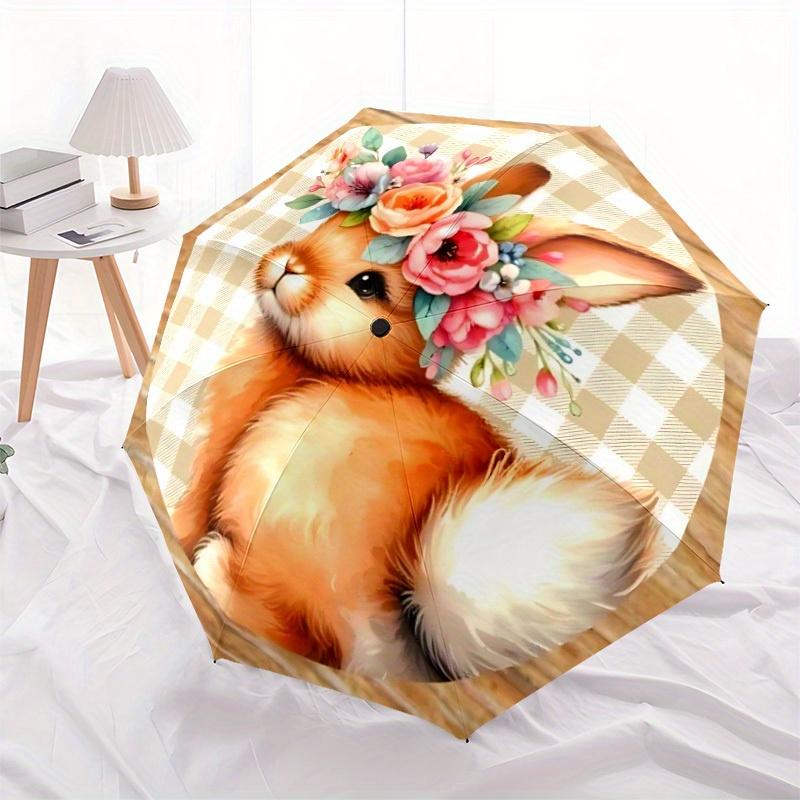 1pc Bunny Floral Crown Automatic Folding Umbrella - 8-Rib Iron Frame, Windproof, Portable Sunshade with Plastic Handle for Travel & Outdoor