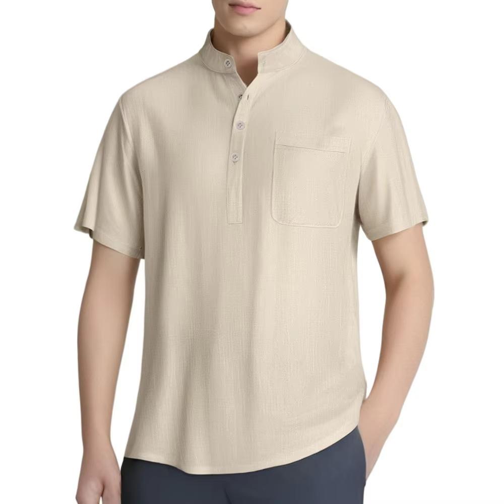 Men's Cotton Linen Shirts Casual Short-sleeved T-shirts Hawaiian Henrey Shirt Solid Color Male Tees