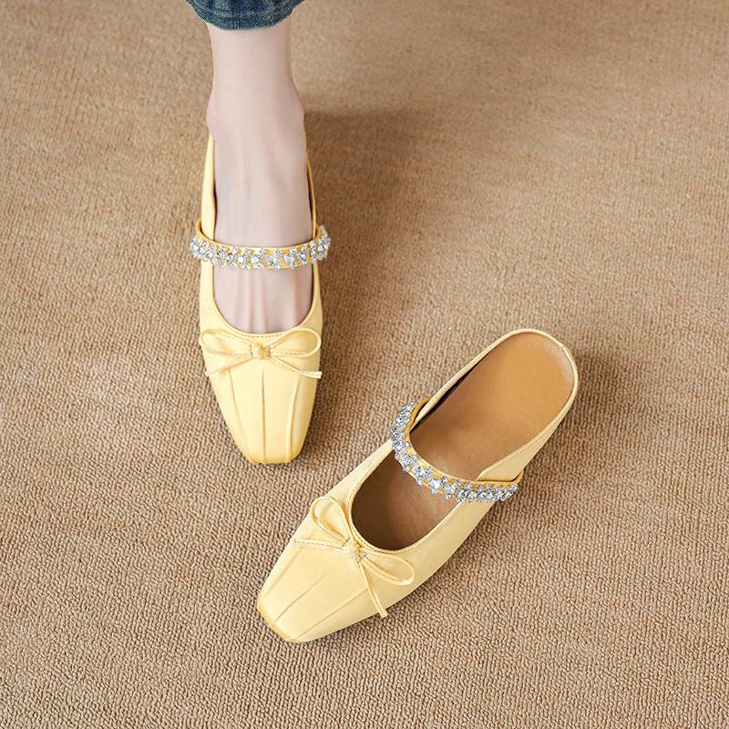 

Шелковый бант со стразами квадратный носок утолщенная подошва сумка на голову полушлепанцы женские новая толстая подошва крутые шлепанцы 39 жёлтый