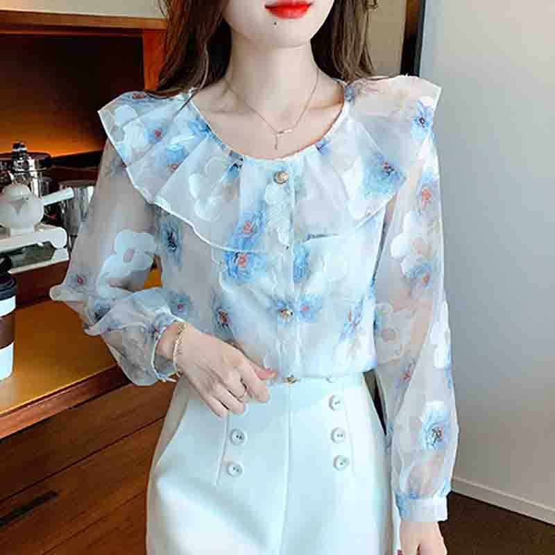 Fashion New 2024 Autumn Long Sleeve O-Neck Casual Ruffles Print Chiffon Blouse Shirt Women Tops Blouses Shirts J562