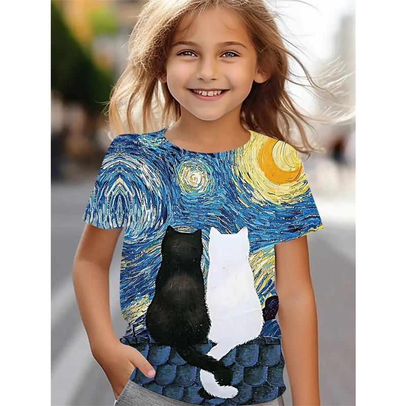 Vtipná dívčí trička Letní top s krátkým rukávem Kreslená zvířata Kočka 3D potisk Dívčí oblečení Ležérní trička