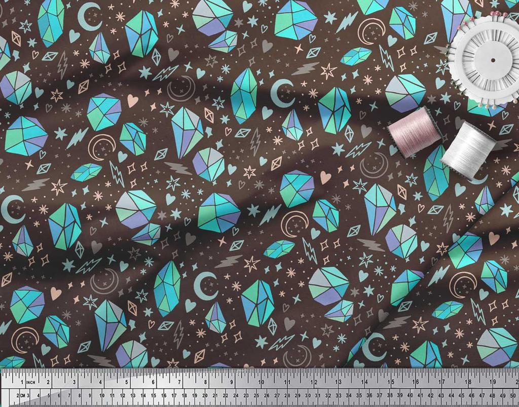 Soimoi Brown Japan Crepe Satin Fabric Heart & Crystal Stone Geometric Decor Fabric Printed metre 42 Inch