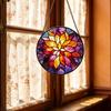 Round Stained Glass Window Hanging Decorative Panel with Floral Pattern and Metal Frame for Home Indoor Outdoor Use