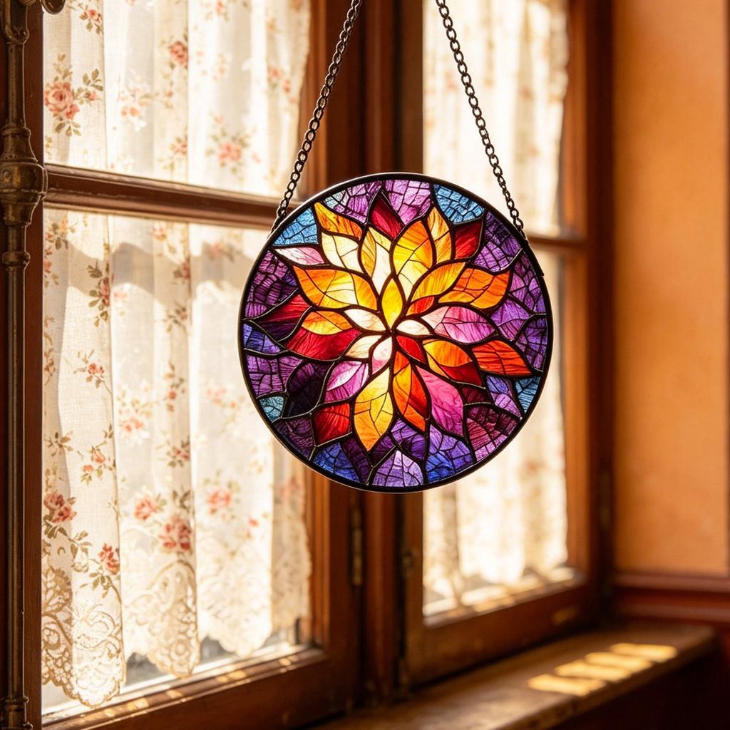 Round Stained Glass Window Hanging Decorative Panel with Floral Pattern and Metal Frame for Home Indoor Outdoor Use