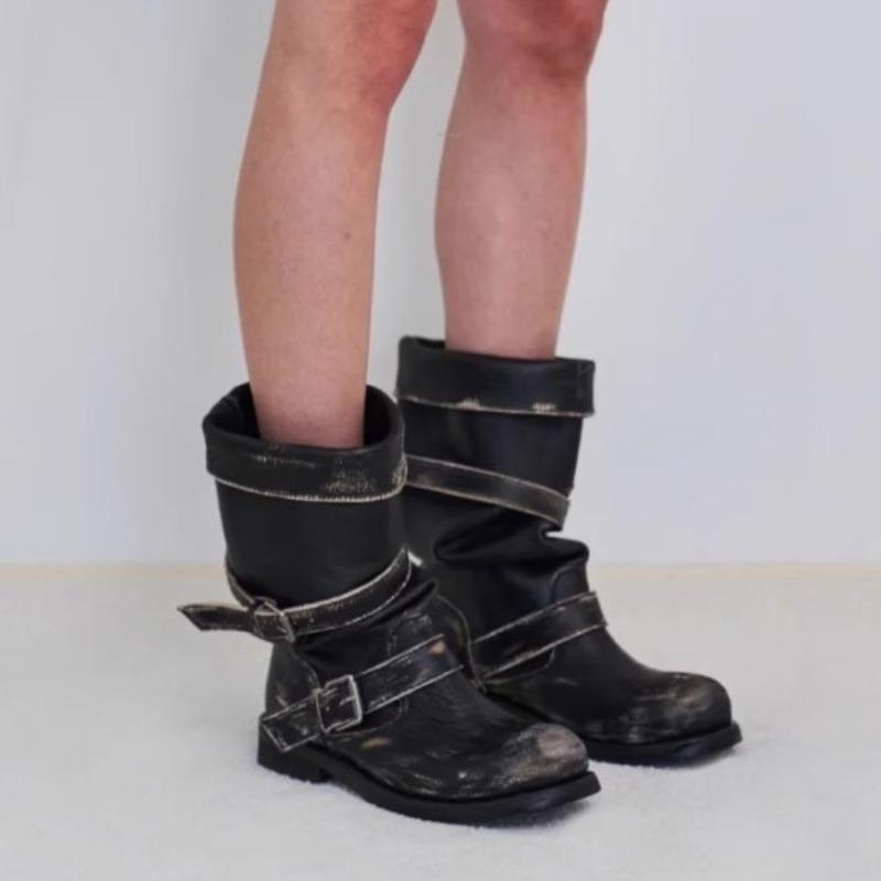 Chaussures à boucle de ceinture, Bottes rétro mi-mollet à talons épais, Bottes de niche pour filles