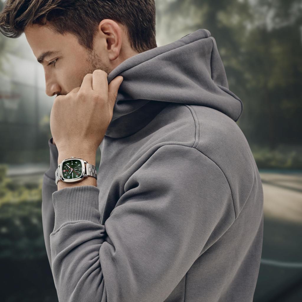 WENGER VINTAGE SPORT CHRONO Chronograph Stainless Steel Case Green Silver Stainless Steel Quartz 50m Water Gift Idea Men's Watch, (316L), Dial,