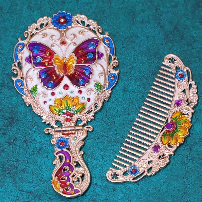 Tuban - Set: Castle / Butterfly / Peacock Alloy Handheld Mirror + Hair Comb (Various Designs)
