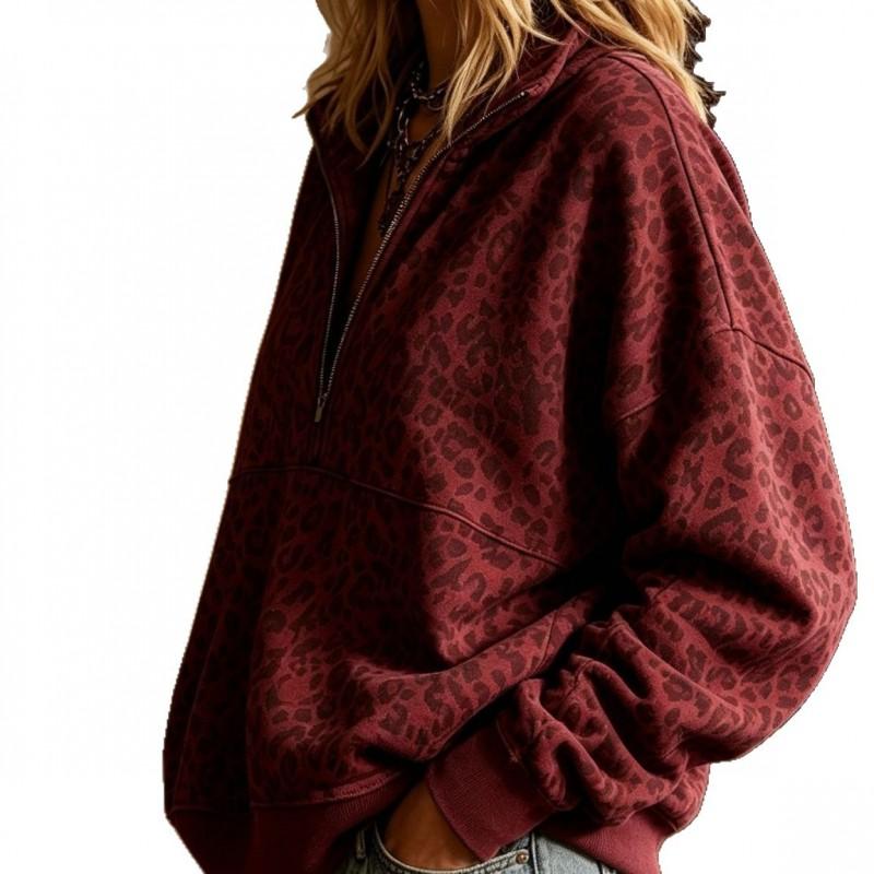 Womens Oversized Stand Collar Leopard Print Hoodless Sweatshirt Loose Fit 2025 Casual Long Sleeve Top