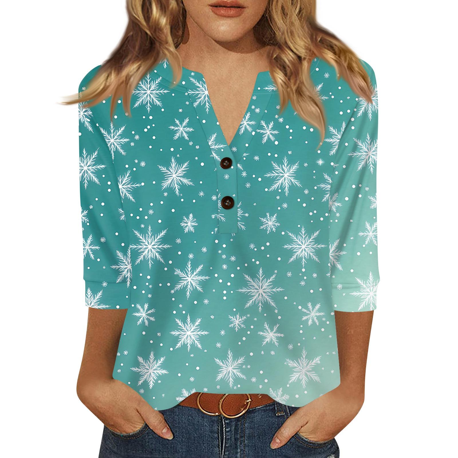 

Женская футболка с рождественским принтом, на пуговицах, рукав 3/4, повседневная, выходного дня, модная, базовая, с V-образным вырезом, стандартный топ L циан