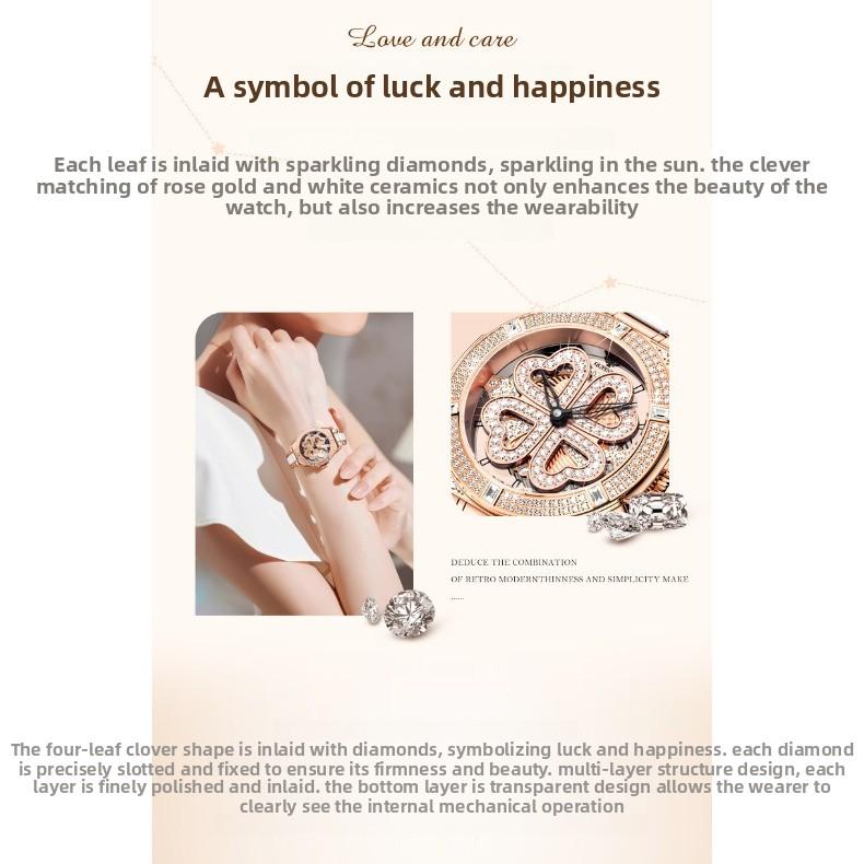 OUPINKE Women's Watch Four-leaf Clover Rotating Dial Automatic Mechanical Watch for Ladies and Women