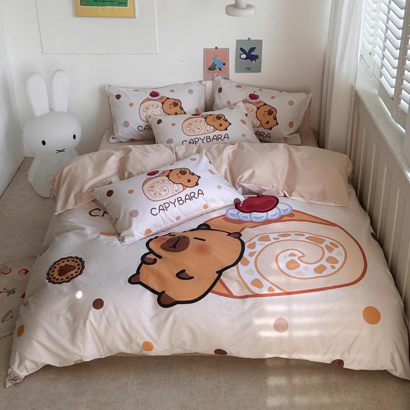 

100% Cotton Cartoon Capybara 4-Piece Bedding Set for Kids & Dorms 1.2m Bed Sheet 3-piece Set - Duvet Cover 150x200
