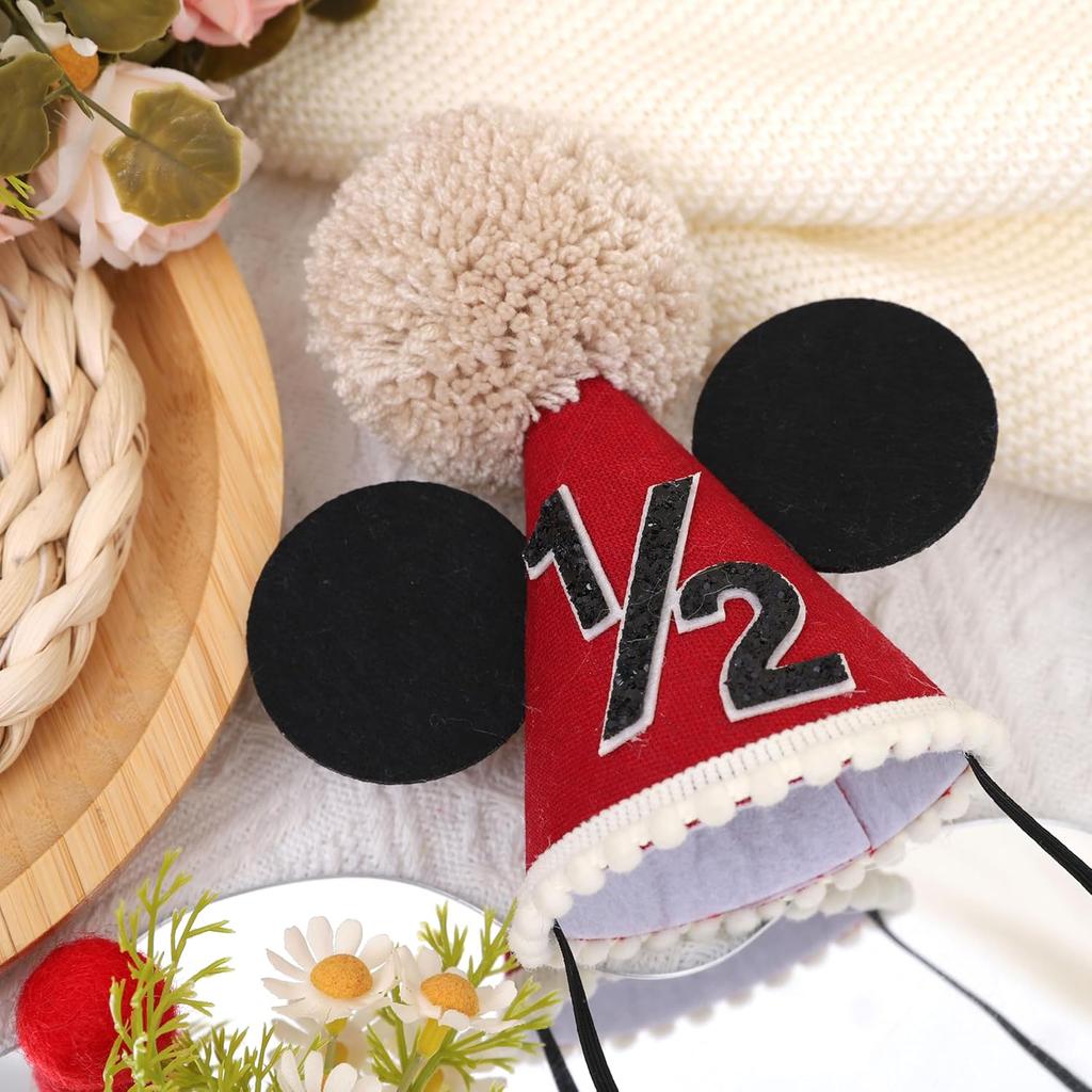 Mouse 1/2 Birthday Hat - Mouse Half Way To One Party Decorations,Mouse Ears Cake Smash Hat,Red Black Mouse Party Hat,6 Months Birthday Photo Props