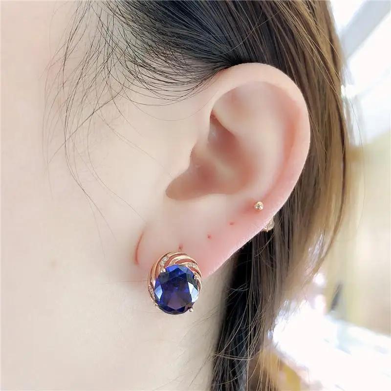 Pendientes de Gema Azul para Mujer Diseño Simple Chic Pendientes de Zafiro de Moda Que Brillan en Oro Rosa Chapado en Cobre