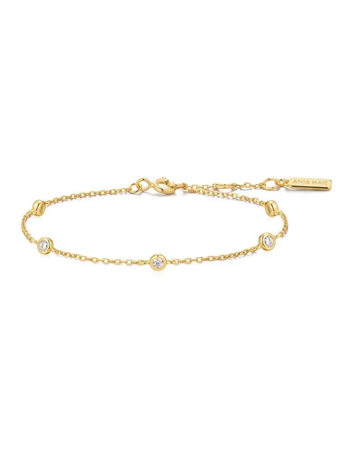 Gold Classic Bezel Setting Station 925 Silver Bracelet B074-02G.
