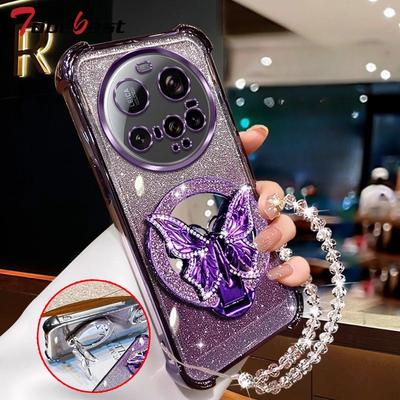 Glitter Vlinder Spiegel Kristal Armband Hoes voor Xiaomi 15 14 Ultra 14T 13 12 11 17 Pro Max Schokbestendige Silicone Cover