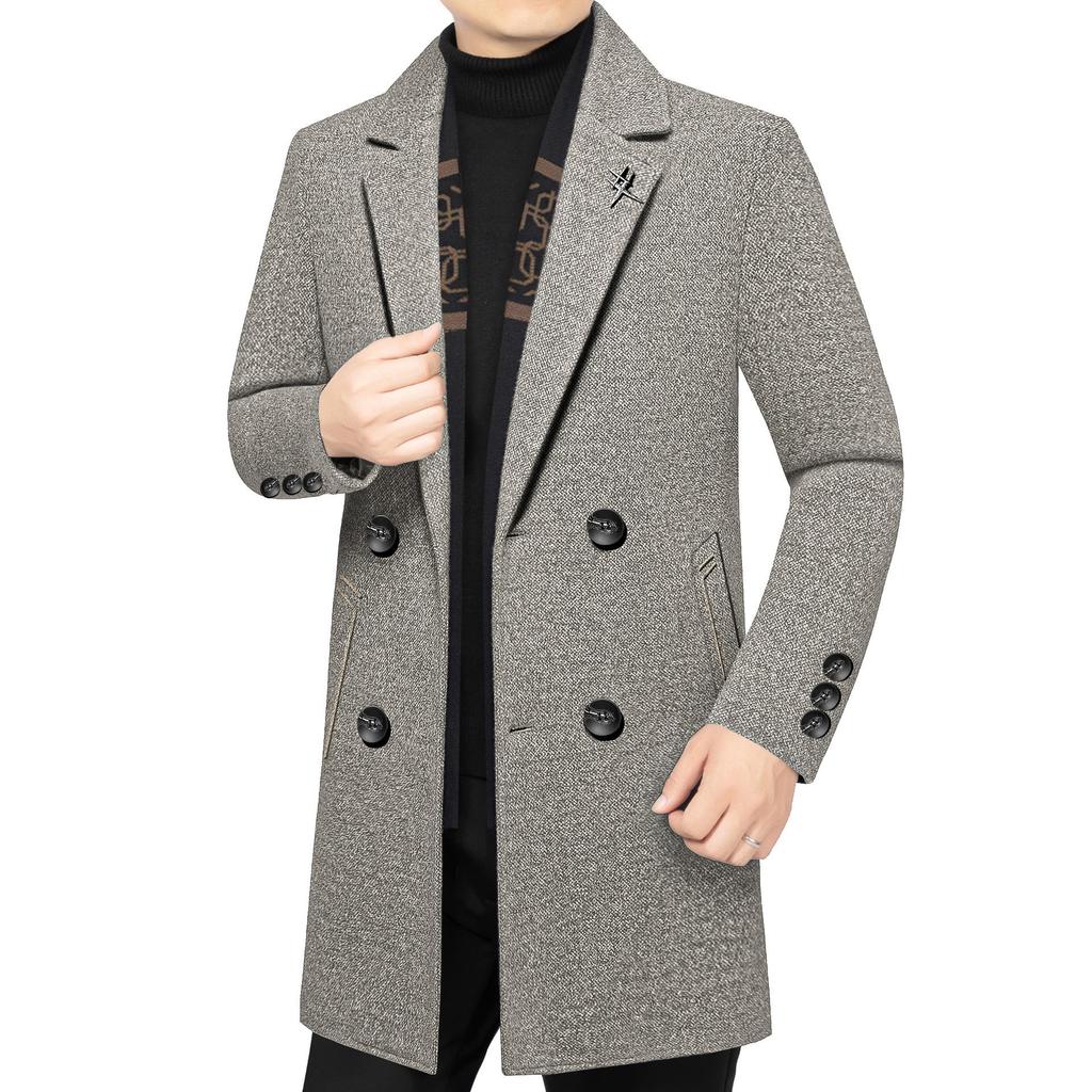 2025 Men's Mid-Length Woolen Down Jacket with Scarf Collar for Autumn/Winter