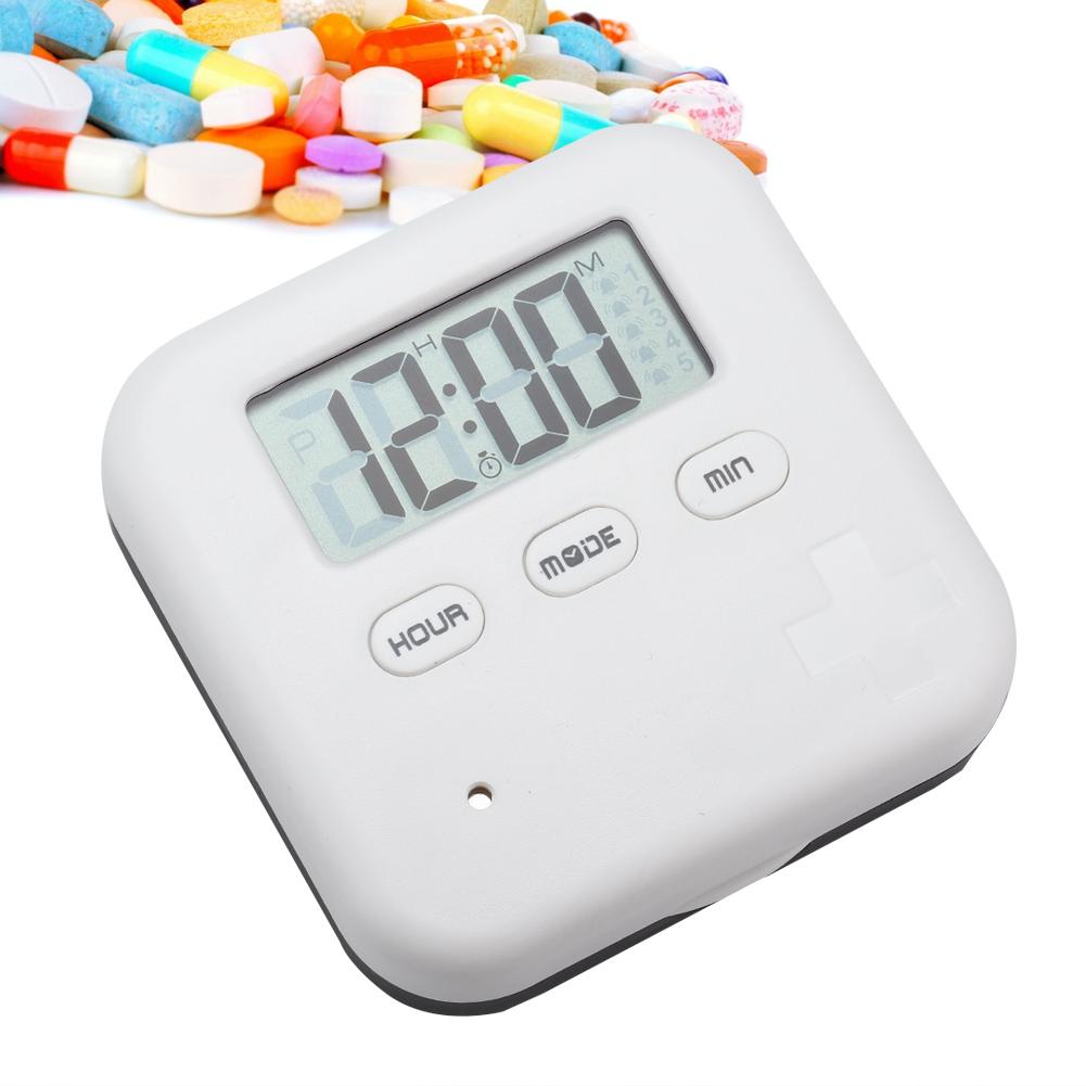4 Grid Daily Medicine Tablet Pills Storage Box Organizer Case Container with Timer (White Grey)
