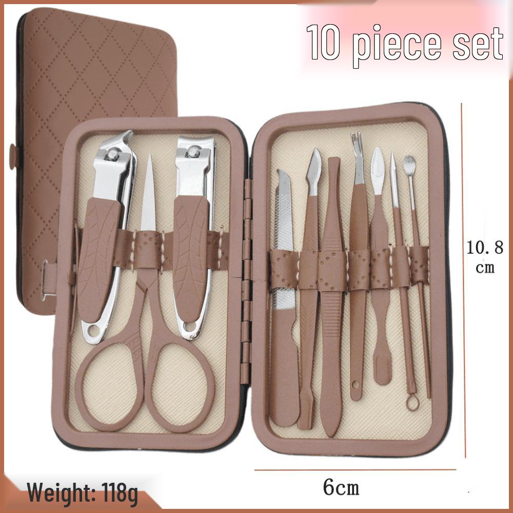 

Набор для ухода за ногтями из нержавеющей стали, 28 предметов: Включает машинки для стрижки, кусачки, инструменты для педикюра, триммер для бровей и косметические щипцы в коричневом футляре.