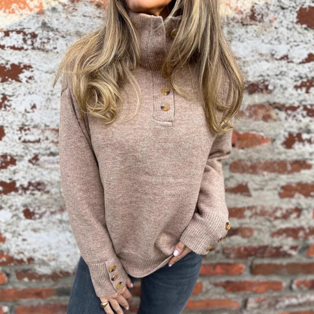 Autumn and Winter Stand Up Knitted Sweaters Solid Color Button Casual Loose Women's Sweaters