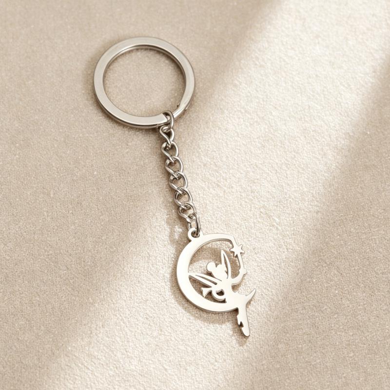 Stainless Steel Crescent Moon & Fairy Butterfly Magic Wand Keychain Pendant