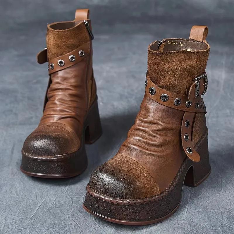 

Женские мотоботы из натуральной кожи Новые на молнии С круглым носком Женская обувь Ручная работа Ретро Ботильоны на платформе 40