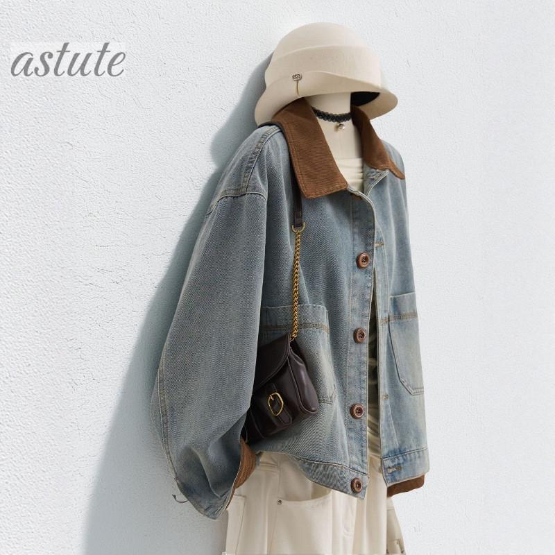 Women's Cross-Color Patchwork Corduroy Denim Jacket - Loose, Casual, Short Spring/Autumn Outerwear