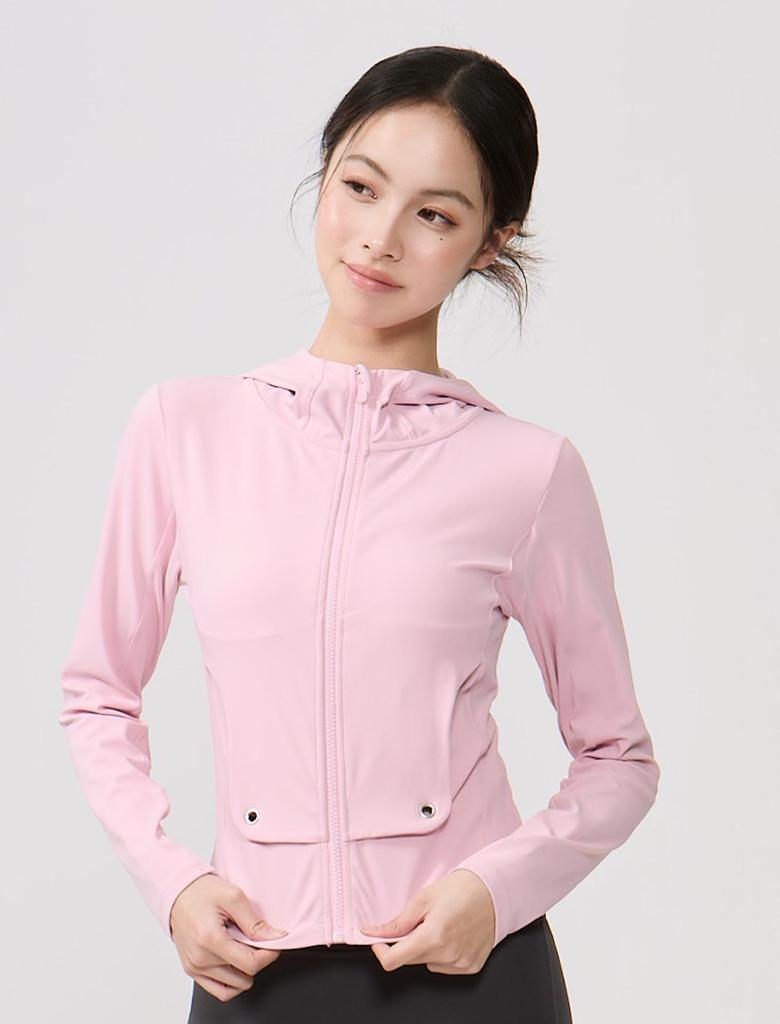 Lu Chuan Slim Fit Hooded Yoga Jacket with Waistband Pocket and Zipper.