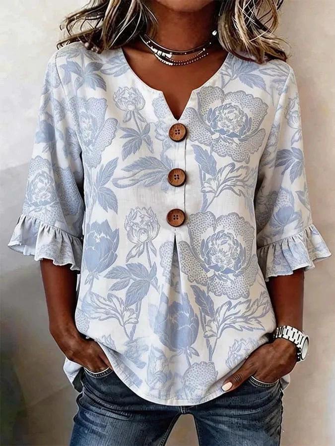 2026 New European & American Women's Summer V-Neck Cotton Linen Shirt - Fashionable Button-Down Top