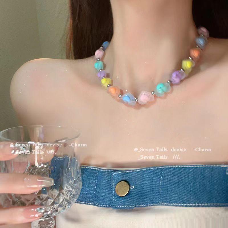 Color beaded dopamine necklace female niche design high-end accessories sweet cool babes star collarbone chain