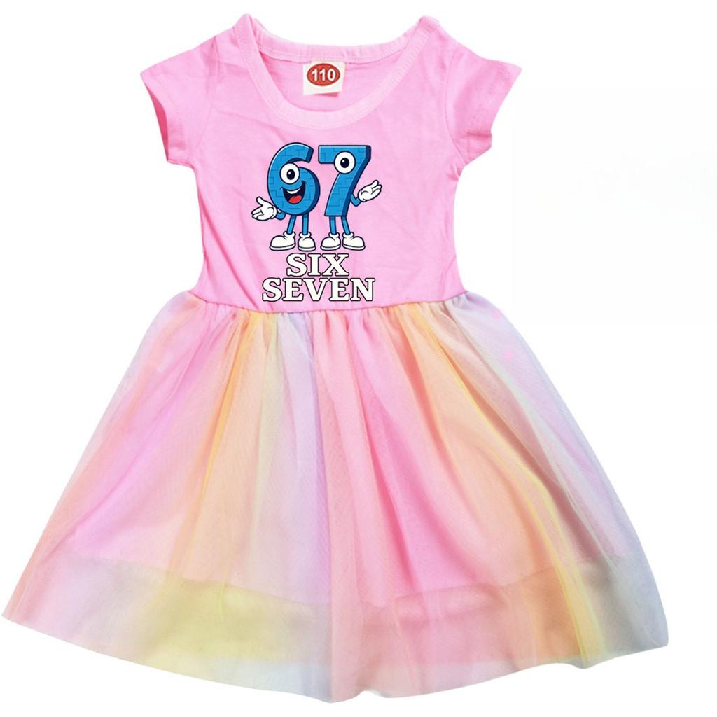 

9194 Kids Girls Steal a Brainrot 67 Six Seven Print Short Sleeve Cotton Casual Rainbow Dress 140cm рожевий