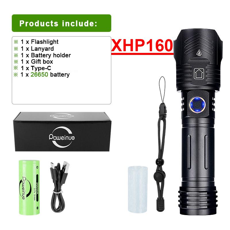 1000000LM XHP160LED High Powerful Flashlight Waterproof Rechargeable USB Torch Zoomable Lantern 26650 Battery Hand Lamp Camping Lantern