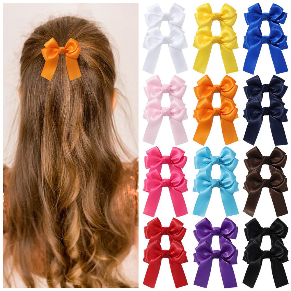 2pcs Cheer Up Bowknot Hair Clips for Girl Solid Color Ribbon Bows Hairpins Hairgripe Kids Boutique Hair Accessories