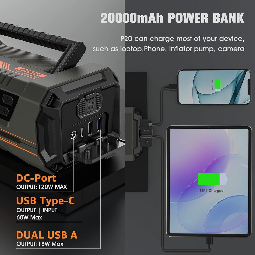 Car Battery Jump Starter 2000A 20000mAh 12V Portable Boost Box with USB QC 3.0, Type C, LED Light