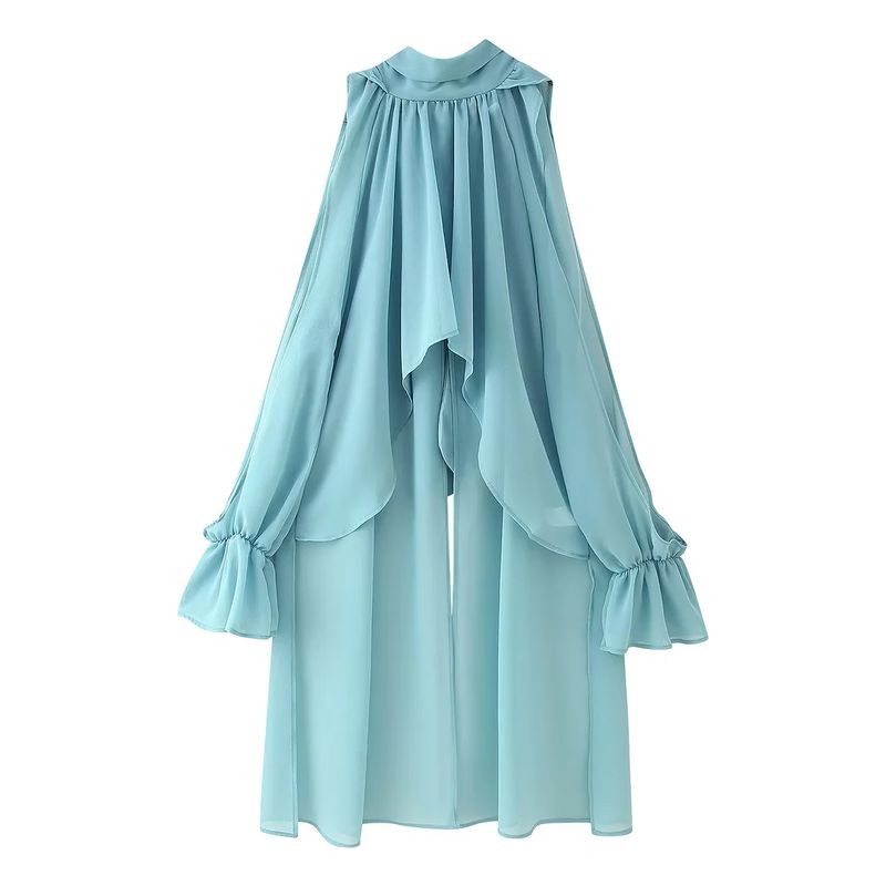 Summer New Product Women's Clothes French Asymmetrical Design Stand Collar Strap Ribbon off-Shoulder Loose Chiffon Long Shirt