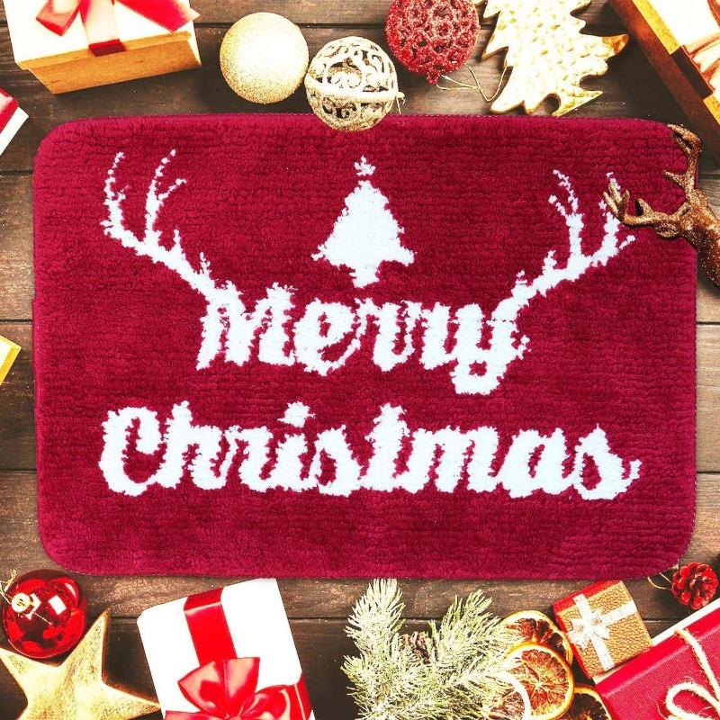 Red Christmas Print Faux Cashmere Bath Mat - Non-Slip Shower Rug & Festive Entryway Doormat