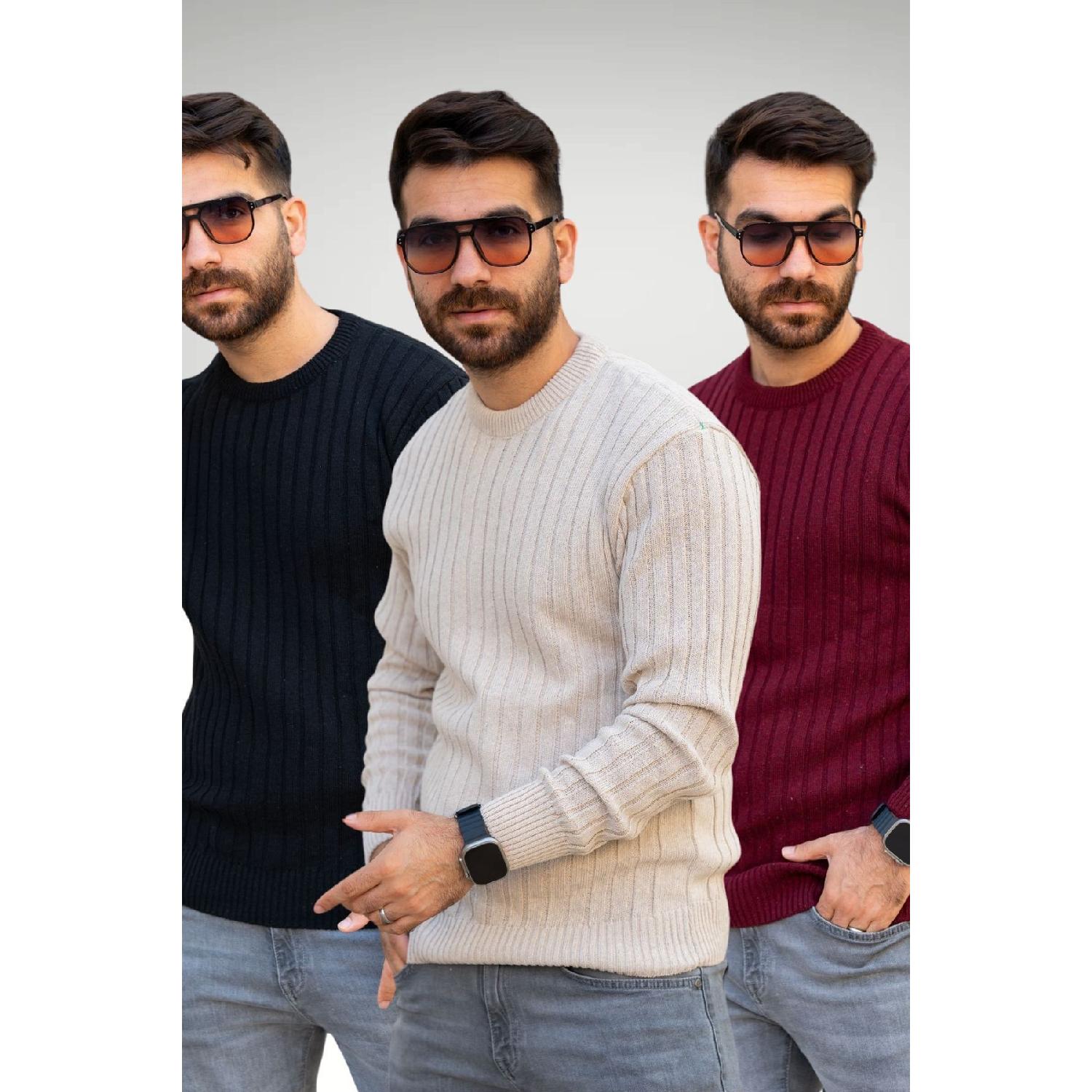 

Мужской черный, бежевый, бордовый, красный, Салоники, трикотаж, комплект из 3 свитеров с круглым вырезом M